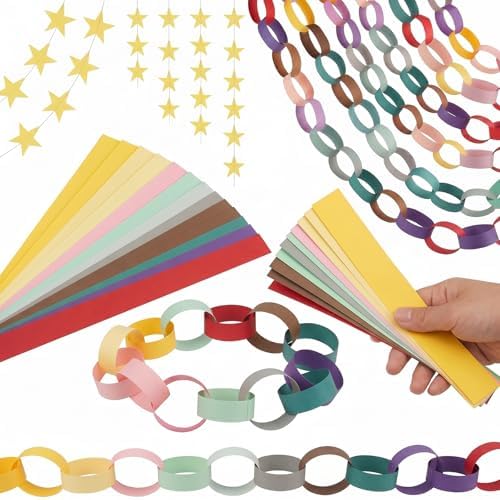 Macaron Pastel Paper Chain & Mirror Star Garland Kit with Double-Sided Tape, Pre-Cut 10 Colors Strips. Ideal for Birthday, Baby Shower, Wedding & Party Decor. (800, 1 x 8.27 Inches) - Image 2