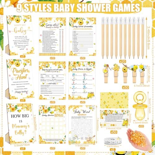 Sherr 476 Pcs Bee Baby Shower Games Yellow, Pacifier Hunt Belly Measuring - Image 3