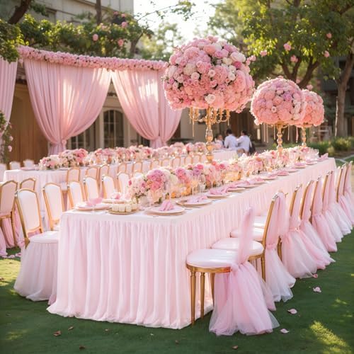 Wish Care 2 Pack Pink Tulle Table Cloth for Rectangle Tables 6FT Ruffle Tutu Stretch Fitted Tablecloths Wrinkle Free Tulle Tutu Skirt Table Cover for Party Wedding Girls Birthday Baby Bridal Shower - Image 3