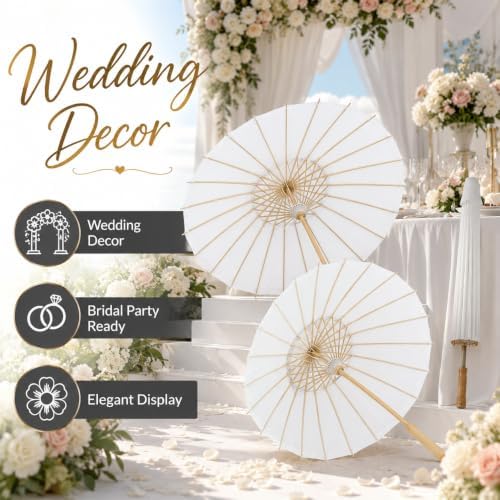 Koyal Wholesale 4Pcs White Parasol Umbrella 32” White Paper Umbrella for Wedding Paper Parasol Umbrella for Sun Bridal Party Chinese Japanese Parasol DIY Craft Arts - Image 4