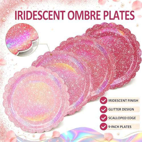 Pink Iridescent Party Tableware for 40 Guests, Holographic Paper Plates - Image 3