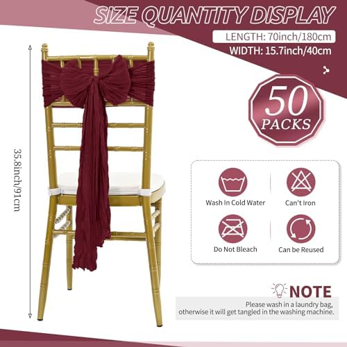 50 PCS Cheesecloth Chair Sashes Bows Wedding Aisle Decorations Chair Ribbon Ties Back Sash for Wedding Party Events Banquet Chair Cover Decoration (Burgundy) - Image 2