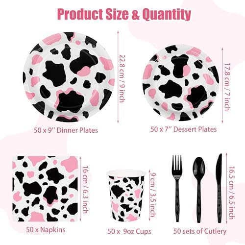 Kochorie 350 PCS Pink Cow Print Party Supplies Set for 50 Guests Includes Cowgirl Pink Cow Party Plates Cups Napkins Utensils for Western Birthday, Baby Shower, Bachelorette Disposable Tableware - Image 2