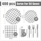 Funnymoom 400 Pcs Gingham Party Supplies for 50 Guests Gray and White Paper Plates and Napkins Knives Spoons Forks Cups Disposable Checkered Dinner Party Set Cutlery for Baby Shower Wedding Favor - Image 3