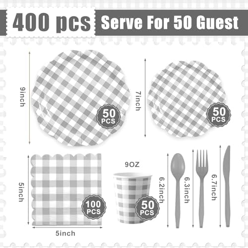 Funnymoom 400 Pcs Gingham Party Supplies for 50 Guests Gray and White Paper Plates and Napkins Knives Spoons Forks Cups Disposable Checkered Dinner Party Set Cutlery for Baby Shower Wedding Favor - Image 3