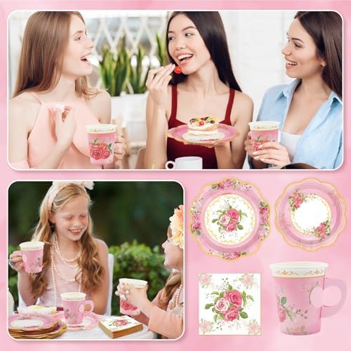 200Pcs Floral Tea Cups and Saucers for Tea Party Supplies, Disposable Tea Cups with Handle and Paper Napkins Dinnerware for Floral Theme Birthday Wedding Bridal Shower Baby Shower（Pink） - Image 6