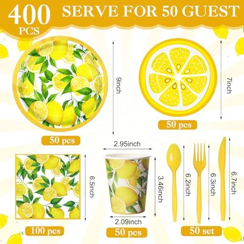 Pickmesh 400 Pcs Lemon Party Supplies Summer Fruit Plates Napkins Serve 50 - Image 2