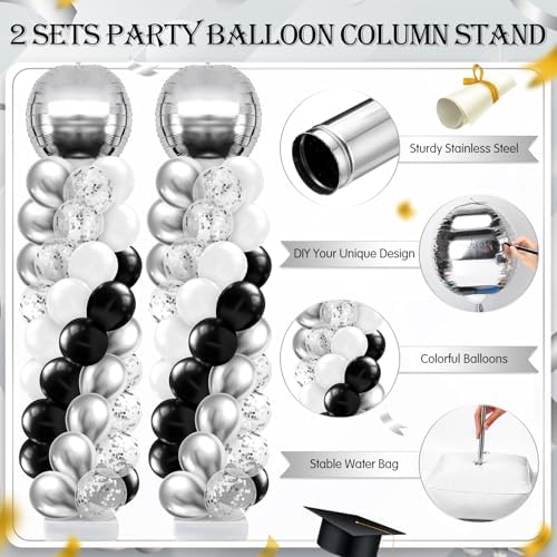 2 Sets Black Silver White Balloon Column Stand Kit, Adjustable Floor Tower with Foil & Latex Balloons for Birthday Wedding Anniversary Retirement Disco Bachelorette Party Backdrop - Image 3