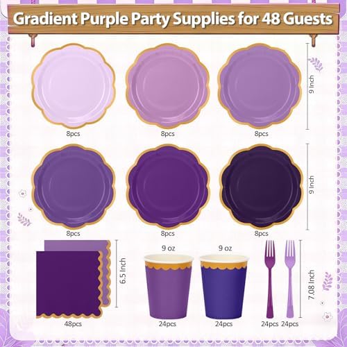 192Pcs Purple Paper Plates and Napkins Party Supplies Serves for 48 Guests, Disposable Gradient 9’’ Scalloped Lavender and Gold Plates Tableware Set for Birthday, Wedding, Baby Shower Decorations - Image 2