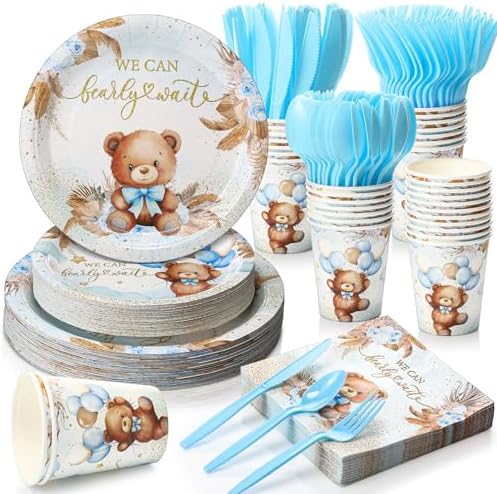 Ziliny 350 Pcs Bear Baby Shower Party Supplies We Can Bearly Wait Paper Plates Napkins Cups and Plastic Cutlery Party Tableware Set for Bear Baby Shower Birthday Decorations, Serves 50 by Ziliny