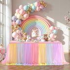 Rainbow Fitted Tablecloth Rectangle 8 Foot Elastic Tulle Ruffle Tablecloths Rectangular Stretch Spandex Table Covers 8ft Baby Shower Birthday Wedding Party Pastel Table Cloths with Skirt 2Pack - Image 3