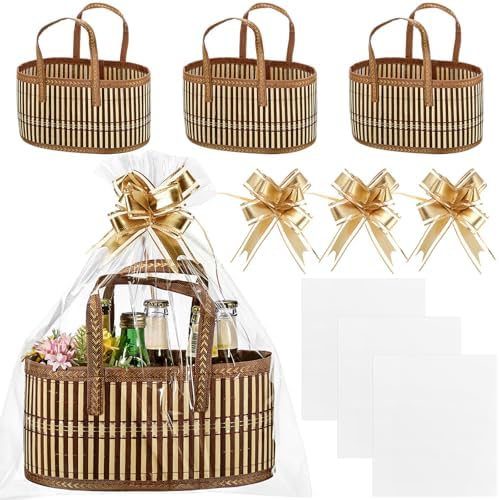 Reallnaive Baskets for Gifts Empty Sturdy Woven Bamboo Gift Basket with Gift Bags and Ribbons for Christmas Thanksgiving Birthday Mothers Day Housewarming Party Gift Wrapping, 12"x 8"x 6"(3 Set) by Reallnaive