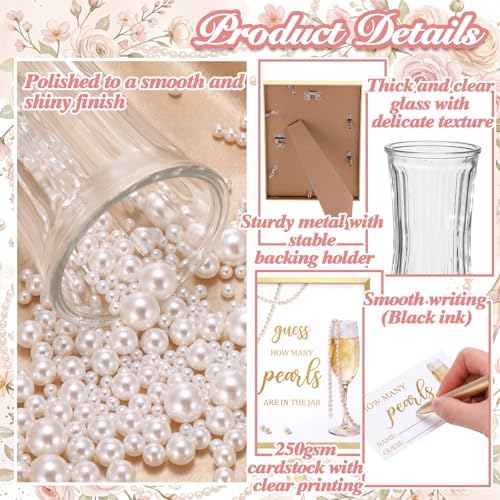 Chumia Guess How Many Pearls Set Bridal Shower Game Set Including 1 Game Sign 1 Glass Jar 12 Pens 100 Cards 640 Pearls Guess How Many Pearl in The Jar for Wedding Baby Shower Decorations for Party - Image 5