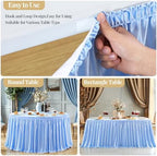 Wish Care 17ft Baby Blue Satin Long Table Skirt for Rectangle Tables Wrinkle Free Teacher Desk Skirt Glitter Ruffle Table Skirting Cloth for Back to School Classroom Office Birthday Party Table Decor - Image 5