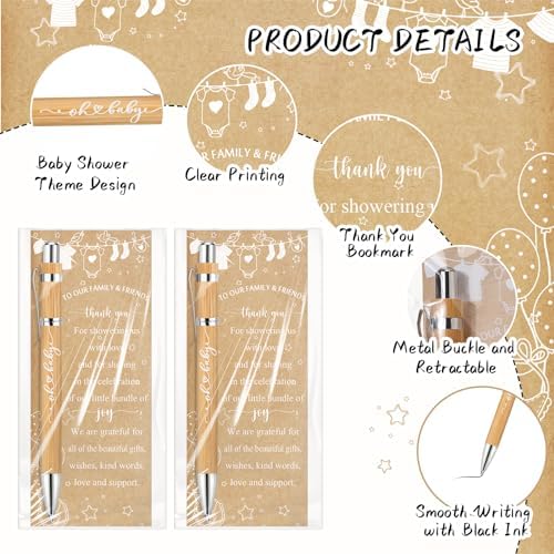 Zhanmai 72 Set Baby Shower Favors Bamboo Thank You Pens Cards Bags - Image 3