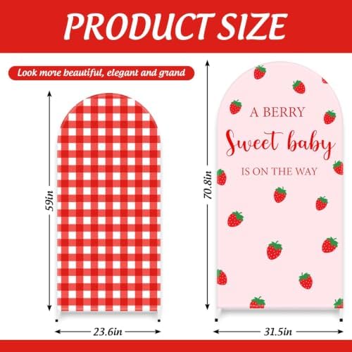 FYSUIMU 2 Pcs Strawberry Arch Backdrop Covers Pink Red Plaid Berry Stretchy Spandex Arch Stand Fabric Cover for Wedding Birthday Baby Shower Gender Reveal Party Decor (5ft/6ft) - Image 2