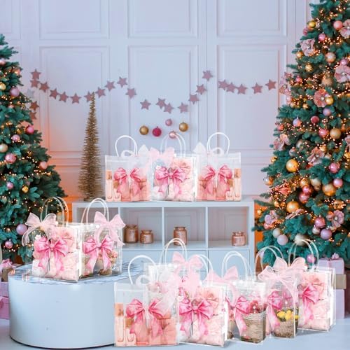 Wesnoy 48 Pcs Pink Big Bow Clear PVC Gift Bags with Handle Ribbon for Party - Image 6