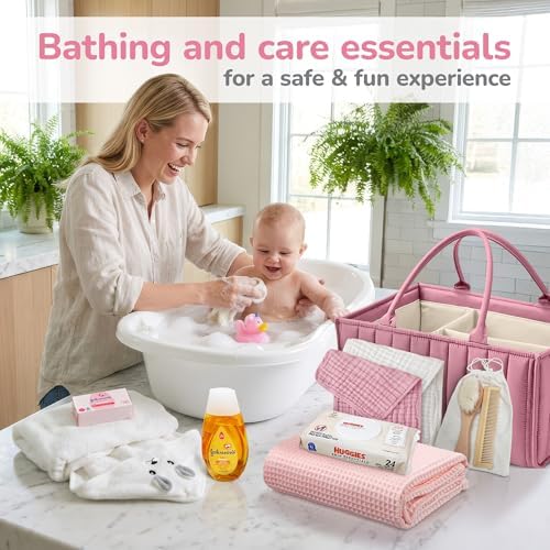 Premium New Baby Girl Gift Basket | Newborn Essentials Care Package in Diaper Caddy Organizer | Plush Toy, Baby Clothes, Bath Set, Hooded Towel, Rattle, Keepsakes & More Pink & White - Image 7