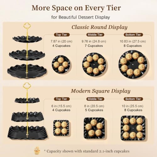 Lzerking Black Gold Dessert Stand Set 13PCS, 6 Tiered Cupcake Display Towers with 4 Serving Trays and 3 Tongs, Round & Square Dessert Holders for Wedding Birthday Graduation Baby Shower Decor - Image 4