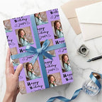 Personalized Gift Wrap Paper with Picture, Happy Birthday with Name Photo Purple Custom Photo Gift Wrapping Paper Roll for Boys Girls Kids Baby Shower Anniversary 58x23 3 Rolls - Image 5