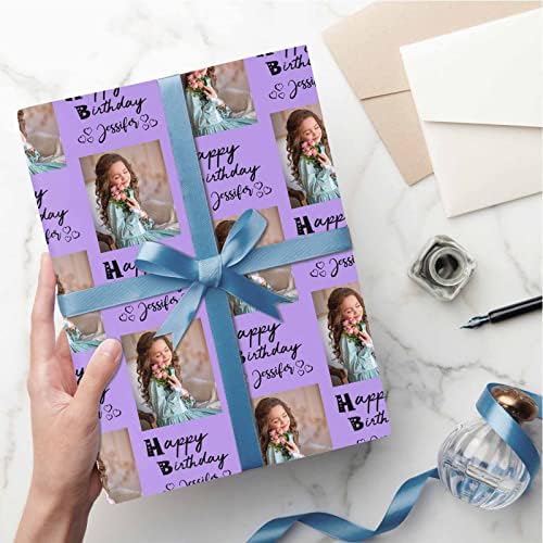 Personalized Gift Wrap Paper with Picture, Happy Birthday with Name Photo Purple Custom Photo Gift Wrapping Paper Roll for Boys Girls Kids Baby Shower Anniversary 58x23 3 Rolls - Image 5