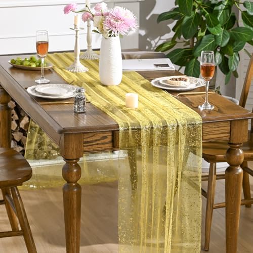 Artoid Mode 6PCS Light Yellow Gold Gauze Table Runner 120 Inch 10FT, Glitter Metallic Foil Sheer Dining Wedding Anniversary Holiday Birthday Table Decor for Home Party - Image 3