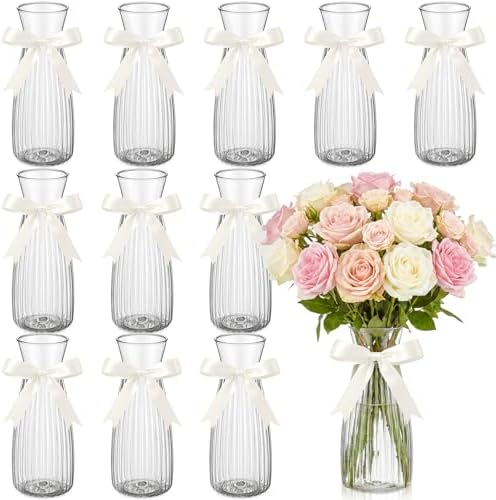LemonRoad 12 Pcs Vintage Plastic Vases for Centerpieces Small Clear Flower Vase with Beige Ribbon for Farmhouse Wedding Housewarming Pink Birthday Party Favors Rustic Home Tabletop Decoration by Unknown