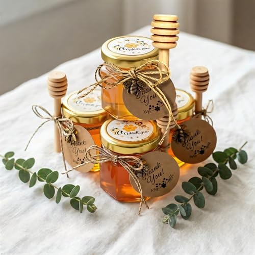 IIKUM 40 Pack Glass Honey Jars, 1.5 oz Hexagon Honey Pots with Lids, Dippers, Bee Pendants, Gift Bags, Thank You Cards, Jute and Stickers-Great Honey Jars Set for Baby Shower, Wedding and Party Favors - Image 3