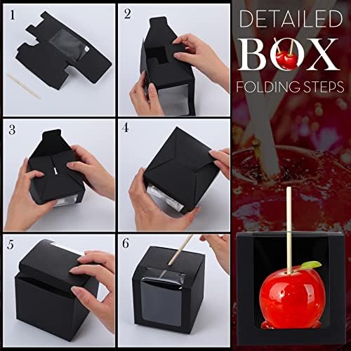 Yahenda 60 Pcs Kraft Candy Apple Boxes with Hole and Stick 4" x 4" x 4" Candied Apple Cake Cookies Chocolate Gift Boxes with Clear Window Caramel Apple Boxes for Wedding Baby Shower Party (Black) - Image 3
