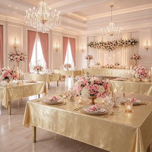2 Pack Sequin Champagne Tablecloth 60x102inch Waterproof Glitter Table Cloth for Rectangle Tables, Shimmer Table Cover for Birthday Wedding Party Holiday Baby Shower Christmas Decoration by Htper