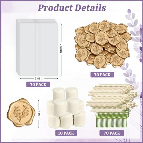 70 Sets Wedding Invitation Kit, Pre-Folded Vellum Jackets for 5x7 Invitations Accessories Wax Seal Stickers Ribbon & Dried Flowers for DIY Wedding Invites - Image 2