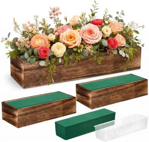 Dandat 3 Set Wood Rectangle Boxes 12x4 Inch Rustic Planter with Liner by Dandat