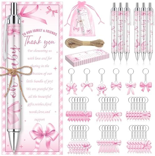 145 Pieces Pink Bow Baby Shower Favors for Guest Bow Coquette Ballpoint Pens and Keychains Gifts for Girls Bulk Retractable Baby Shower Pens Gender Reveal Thank You Cards Souvenirs Prizes by EYNDYN