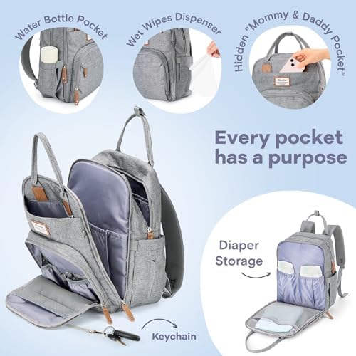 RUVALINO Diaper Bag Backpack-Multifunction Travel Baby Diaper Bag with Changing Pad, Insulated Bottle Holders & Pacifier Case, Large Capacity, Waterproof, Gray - Image 2
