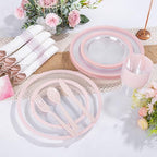 I00000 350 Pcs Clear and Pink Plastic Plates Dinnerware Set for 50 Guests - Image 2