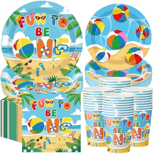 Pickmesh 250 Pcs Beach Ball Party Supplies Summer Beach Ball 1st Birthday Paper Plates Napkins and Cups Disposable Tableware Set Fun to Be One Party Decor for Hawaiian Pool First Birthday Serve 50 by Pickmesh