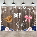 15x8ft Gender Reveal Backdrop Boy or Girl Photography Background Hat Bow Pink Blue Flowers Leaves Glitter Dots Wood Baby Shower Banner Decorations Newborn Birthday Party Photo Booth Prop by ASDCXZ