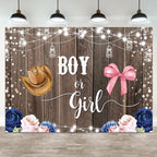 12x6ft Gender Reveal Backdrop Boy or Girl Photography Background Hat Bow Pink Blue Flowers Leaves Glitter Dots Wood Baby Shower Banner Decorations Newborn Birthday Party Photo Booth Prop by ASDCXZ