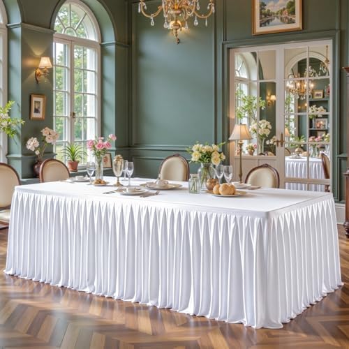 White Satin Tablecloths Rectangle 8FT, Glitter Spandex Fitted Stretch Table Covers Wrinkle-Free Floor Length Shimmer Table Skirt for Weddings Parties Baby Shower Banquets Vendor Events - Image 3