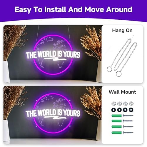The World Is Yours Neon Sign Dimmable Carved Planet The World Is Yours LED Signs Purple Neon Sign for Bedroom Classroom Man Cave Game Room Birthday Christmas Gifts for Kids - Image 6