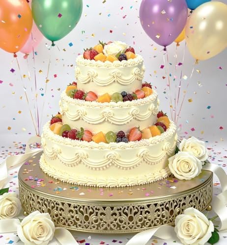 14 Inch Luxury Gold Cake Stand, Round Metal Dessert Display with Ornate Filigree Lace, Dual‑Coated Premium Finish for Wedding, Anniversary & Elegant Home Decor - Image 2