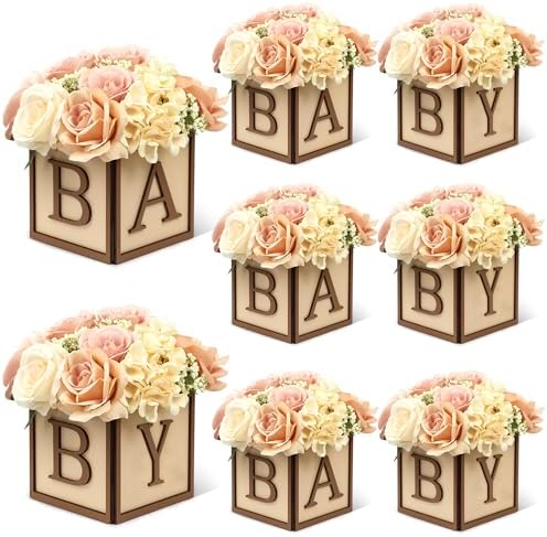 8 Set Baby Shower Centerpieces for Tables - 6 inch Wooden Boxes with Baby Letters Rustic Cube Planter Wood Blocks for Gender Reveal Party Favor (Brown) by ACMEE
