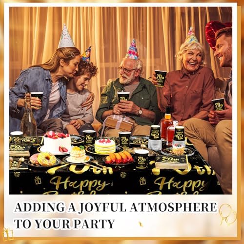 Funnymoom 452 Pcs 70th Birthday Party Decorations Set for Men Women, Black and Gold Happy 70th Birthday Paper Plates Napkins Cups Tablecloth Cutlery Straws Cheers to 70 Years Anniversary Party - Image 6