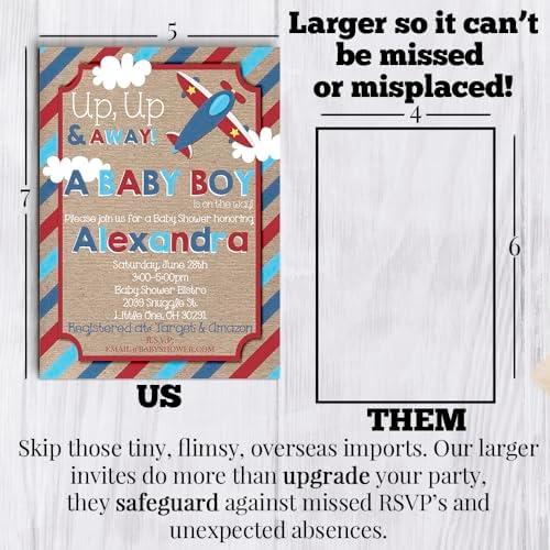 Amanda Creation Custom Baby Shower Invites Up Up and Away Baby Shower Invitation 20 5x7 Custom Personalized Baby Boy Airplane Invites With Envelopes - Image 7