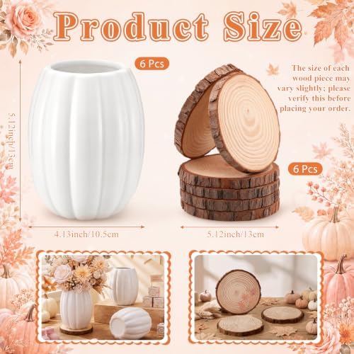 Rtteri 6 Set 5.12" Ceramic Pumpkin Vase with Wood Slices Glazed Fall Flower Pots for Autumn Home Decor Smooth Pottery Planter Pack for Thanksgiving Tabletop Decoration Housewarming Gifts(White) - Image 2