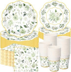 Funnymoom 250 Pcs Sage Green Gold Floral Paper Plates Napkins Cups Serve 50 by Funnymoom