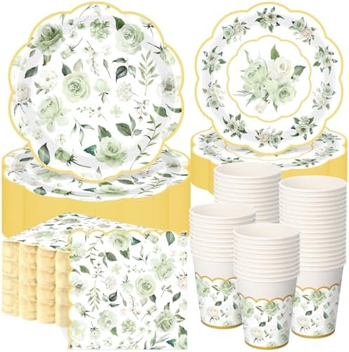 Funnymoom 250 Pcs Sage Green Gold Floral Paper Plates Napkins Cups Serve 50 by Funnymoom