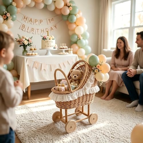 Vintage Wicker Baby Carriage Centerpiece with White Lace Trim (XL Wicker Carriage a) - Image 4