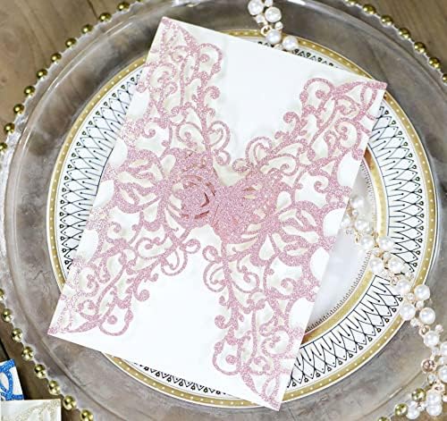 50Pcs Glitter Pink Lace Floral Laser Cut Wedding Invitation Cards Only with Butterfly, for Bridal Shower Engagement Quinceañera Wedding by Cylallen