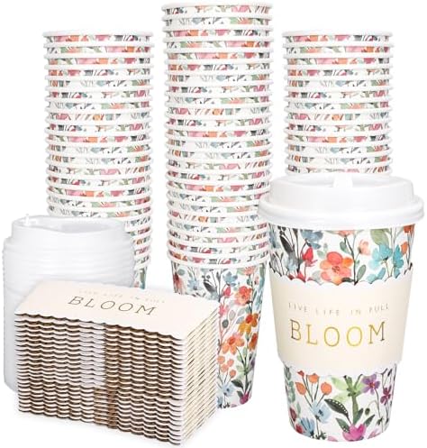 Whaline 50 Pcs Spring Wildflower Disposable Coffee Cups with Lids and Sleeves Watercolor Spring Floral Bloom Paper Drinking Cups for Birthday Wedding Baby Shower Supplies by Whaline